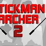 Červený nápis Stickman Archer 2 s dvoma šípkami na pozadí stromov v odtieňoch sivej