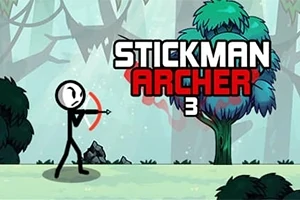 Stickman s lukom v lese s nápisom Stickman Archer 3 v hornej časti