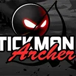Čierny stickman s lukom a šípom, červené oči, nad ním nápis
