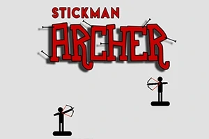 Názov Stickman Archer s červenými písmenami a dvoma jednoduchými postavičkami lučištníkov na šedom pozadí