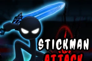 Čierna silueta postavy s bielymi žiarivými očami a modrým mečom v ruke s nápisom „Stickman Attack“