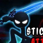 Čierna silueta postavy s bielymi žiarivými očami a modrým mečom v ruke s nápisom „Stickman Attack“