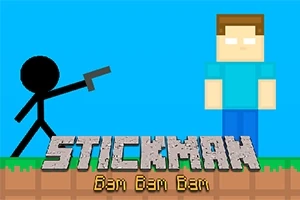 Čierna postavička s pištoľou mieriacou na postavu v modrom tričku na pixlovanom pozadí s nápisom Stickman Bam Bam Bam