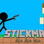 Čierna postavička s pištoľou mieriacou na postavu v modrom tričku na pixlovanom pozadí s nápisom Stickman Bam Bam Bam