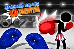 Dvojica stickmanovských boxerov v ringu, kde jedna postava práve zasiahla druhú červenou rukavicou, pričom názov Stickman Boxing KO Champion je zobrazený hore