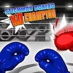 Dvojica stickmanovských boxerov v ringu, kde jedna postava práve zasiahla druhú červenou rukavicou, pričom názov Stickman Boxing KO Champion je zobrazený hore