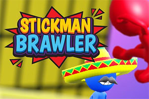 Modrý panáčik s fúzmi v sombrere a veľkým nápisom STICKMAN BRAWLER pred pestrofarebným pozadím