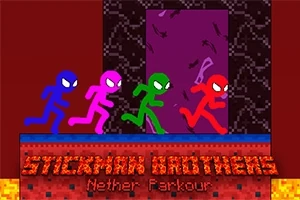 Štyria farební stickmani bežia po platforme na tmavom pozadí s názvom Stickman Brothers Nether Parkour v predu