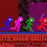 Štyria farební stickmani bežia po platforme na tmavom pozadí s názvom Stickman Brothers Nether Parkour v predu