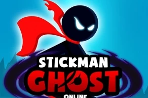 Silueta postavy s červeným plášťom a žiariacimi očami na modrom pozadí s nápisom Stickman Ghost Online