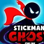 Silueta postavy s červeným plášťom a žiariacimi očami na modrom pozadí s nápisom Stickman Ghost Online