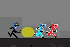Postavičky s maskami Huggy Wuggy bežia pred postavou v policajnej uniforme s baterkou