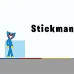 Modrá kreslená postavička so širokým úsmevom stojí vedľa modrého štvorca, s nápisom Stickman Huggy na bielom pozadí