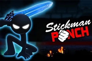 Čierny stickman s modrým svetelným mečom a názvom Stickman Punch na tmavom pozadí s ohňom