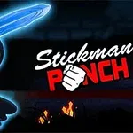 Čierny stickman s modrým svetelným mečom a názvom Stickman Punch na tmavom pozadí s ohňom