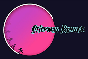 Ružový a fialový kruh s postavičkami bežiaceho panáčika a textom Stickman Runner na tmavom pozadí