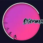 Ružový a fialový kruh s postavičkami bežiaceho panáčika a textom Stickman Runner na tmavom pozadí