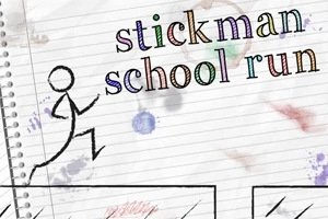 Panáčik beží na papieri s nápisom stickman school run v pozadí