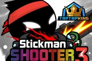 Čierna postava so šatkou a zbraňou, boj proti malému zelenému nepriateľovi, s logom koruny a názvom „Stickman Shooter 3“