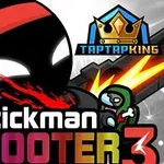 Čierna postava so šatkou a zbraňou, boj proti malému zelenému nepriateľovi, s logom koruny a názvom „Stickman Shooter 3“
