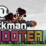 Kreslený stickman postava s delom vystreľujúca projektily s nápisom Stickman Shooter na bielom a farebnom pozadí