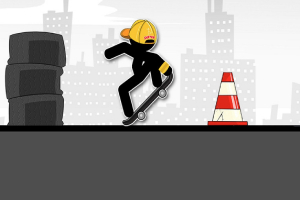 Čiernobiela silueta na skateboarde skáče cez prekážku v podobe dopravného kužeľa na mestskom pozadí