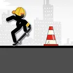 Čiernobiela silueta na skateboarde skáče cez prekážku v podobe dopravného kužeľa na mestskom pozadí