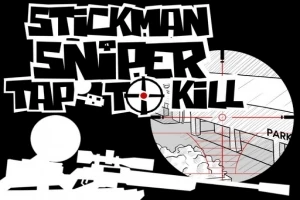 Bielo-čierna grafika s panáčikom a puškou, veľkým nápisom a zameriavačom na parkovisko