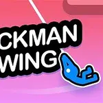 Text Stickman Swing na pozadí s modrou kreslenou postavičkou pripevnenou na lane, na ružovo-fialovom gradientnom pozadí