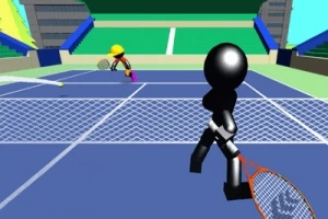 Dvaja animovaní panáčikovia hrajú tenis na modrom tenisovom kurte v aréne