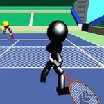Dvaja animovaní panáčikovia hrajú tenis na modrom tenisovom kurte v aréne