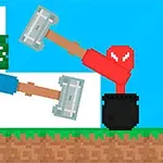 Dvaja pixelovaní postavičky s kladivami, jedna v modrom oblečení a druhá v červenom, sa nachádzajú nad zemou v prostredí s pixelovou grafikou a stromom