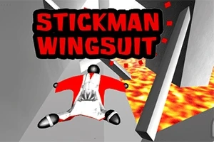 Panáčik v červenom wingsuite letí nad lávou v šedobielej tunelovej konštrukcii