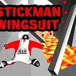 Panáčik v červenom wingsuite letí nad lávou v šedobielej tunelovej konštrukcii