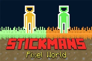 Dve pixelové postavičky v oranžovej a zelenej farbe stoja na rozdielne sfarbenom teréne s nápisom Stickmans Pixel World dole