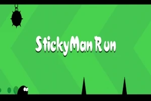 Zelené pozadie so slovami StickyMan Run uprostred, čierny tŕň hore a čierne špicaté prekážky dole