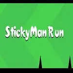Zelené pozadie so slovami StickyMan Run uprostred, čierny tŕň hore a čierne špicaté prekážky dole