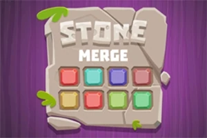 Kameň s nápisom STONE MERGE a deviatimi farebnými štvorcami na fialovom pozadí