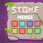 Kameň s nápisom STONE MERGE a deviatimi farebnými štvorcami na fialovom pozadí