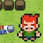 Pixelová postava s červenými vlasmi na trávnatom povrchu vedľa textu STONE SMACKER a niekoľkých objektov pripomínajúcich kamene