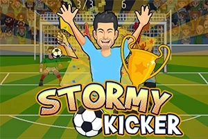 Kreslený futbalista s rukami hore drží trofej pred bránkou s nápisom Stormy Kicker a futbalovou loptou