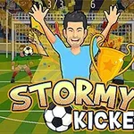 Kreslený futbalista s rukami hore drží trofej pred bránkou s nápisom Stormy Kicker a futbalovou loptou