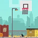 Pixelová grafika s dieťaťom driblujúcim s basketbalovou loptou na ihrisku s košom, vedľa bicykla a popelnice, v mestskom prostredí
