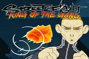 Kreslená postava v bojovej póze s výrazným päsťou a moderným písmom Streetfight King of the Gang v hornej časti