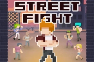 Pikselová postava v bojovom postoji obklopená ďalšími postavami na pouličnej scéne s nápisom STREET FIGHT