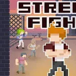 Pikselová postava v bojovom postoji obklopená ďalšími postavami na pouličnej scéne s nápisom STREET FIGHT