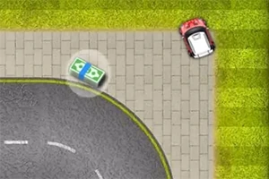 Červené auto je zaparkované na chodníku vedľa cesty s hotovosťou ležiacou na chodníku