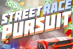 Červené športové auto s bielymi pruhmi pred nápisom Street Race Pursuit a lietajúcimi bankovkami v pozadí
