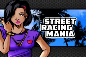 Žena s čiernymi vlasmi a fialovým tričkom s červeným srdcom stojí vedľa nápisu Street Racing Mania na pozadí s palmami