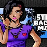 Žena s čiernymi vlasmi a fialovým tričkom s červeným srdcom stojí vedľa nápisu Street Racing Mania na pozadí s palmami